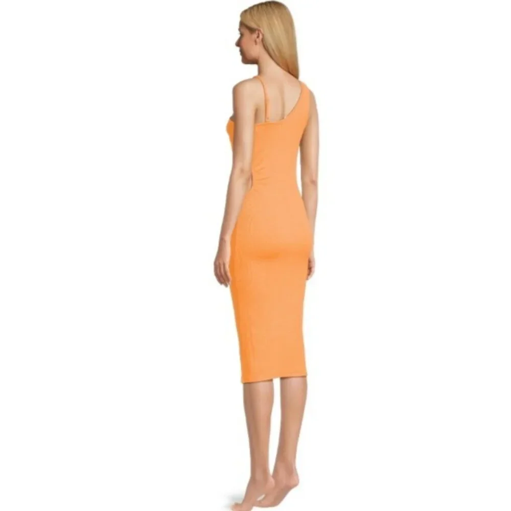 Women's 2X Orange Dress Madden NYC Asymmetrical Neckline Shirred Side Cut Out - Picture 4 of 14